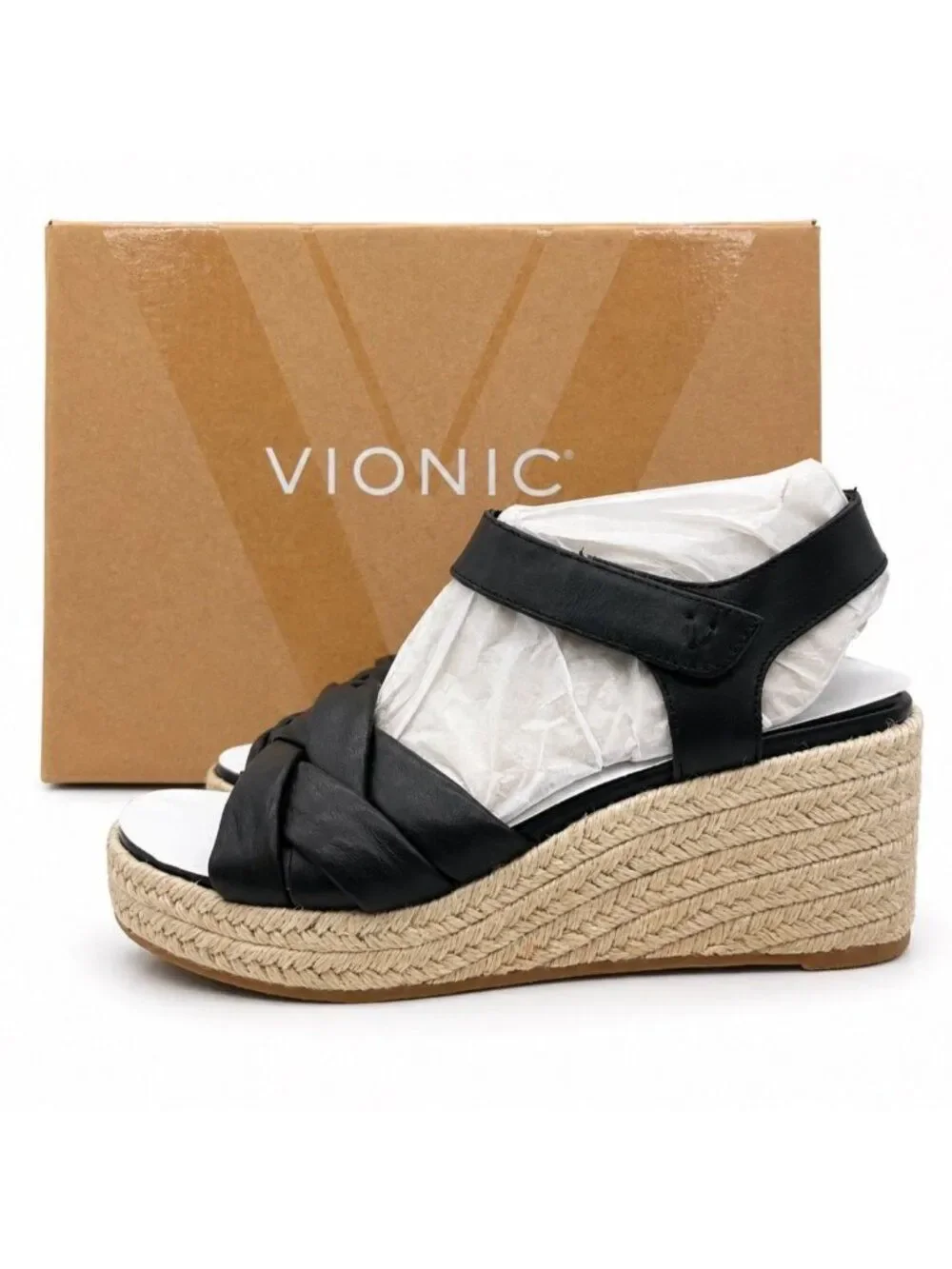 Vionic Saratoga Supportive Black Leather Espadrille Wedge Sandals Womens 6